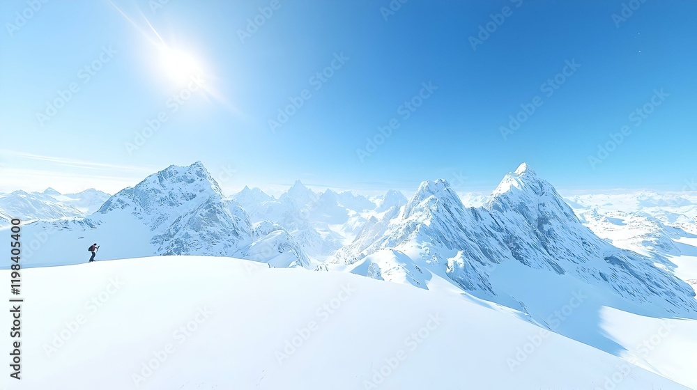 Majestic Mountain Vista with Adventurous Hiker, a breathtaking landscape showcasing towering peaks and a solitary figure embracing nature's grandeur Majestic Mountain Vista with Adventurous Hiker, a breathtaking landscape showcasing towering peaks and a solitary figure embracing nature's grandeur