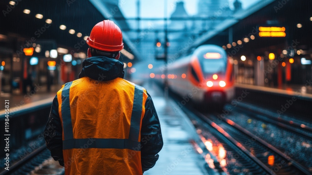 Industrial worker at a railway station wearing high-visibility gear as a train approaches Industrial worker at a railway station wearing high-visibility gear as a train approaches
