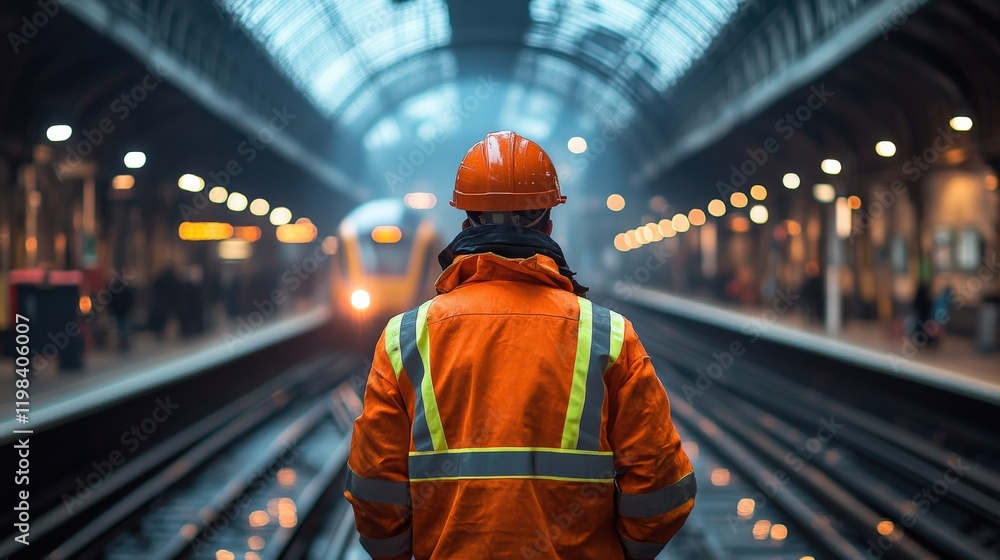 Industrial worker at a railway station wearing high-visibility gear as a train approaches Industrial worker at a railway station wearing high-visibility gear as a train approaches