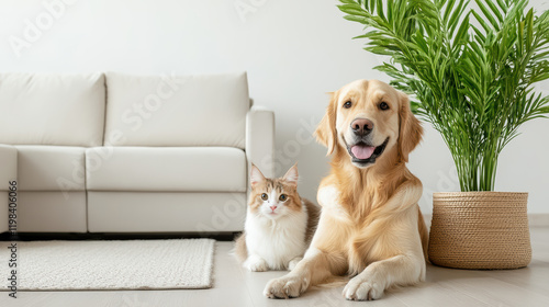 Wallpaper Mural dog and cat sitting together near plant in cozy living room Torontodigital.ca