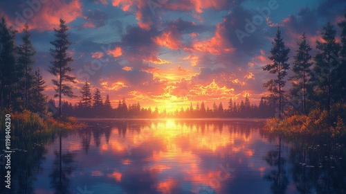 Sunset over calm lake, forest reflection, vibrant sky, peaceful nature scene, ideal for travel brochures