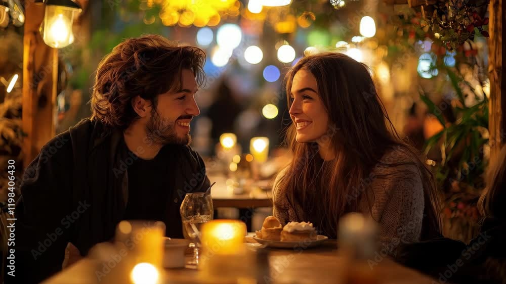 A joyful moment between an Asian couple in a cozy restaurant with warm lighting. A joyful moment between an Asian couple in a cozy restaurant with warm lighting.