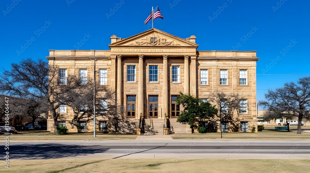 Naklejka premium Courthouse facade with stone columns, symbolizing justice, law, and the enduring strength of legal institutions in society