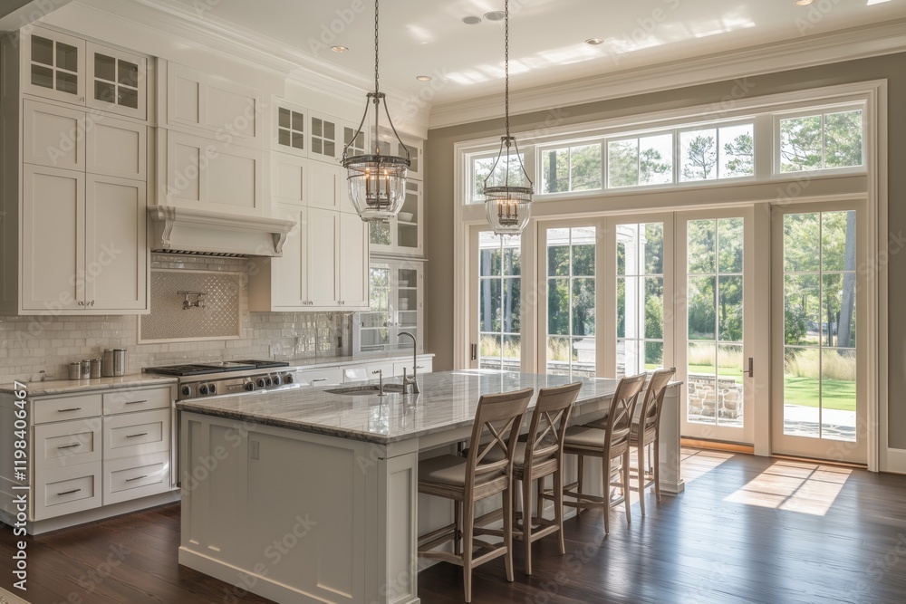A modern Neoclassical style house kitchen featuring white cabinetry, a large island with a marble countertop, and pendant lighting. Large windows allow natural light to fill the space. A modern Neoclassical style house kitchen featuring white cabinetry, a large island with a marble countertop, and pendant lighting. Large windows allow natural light to fill the space.