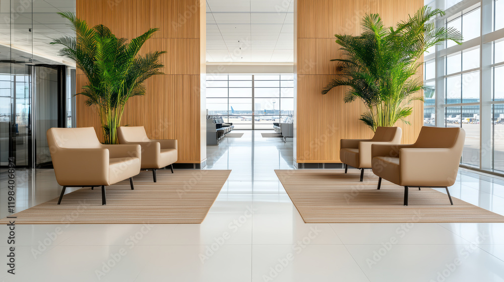 Fototapeta premium Modern airport terminal with comfortable seating and greenery for relaxation