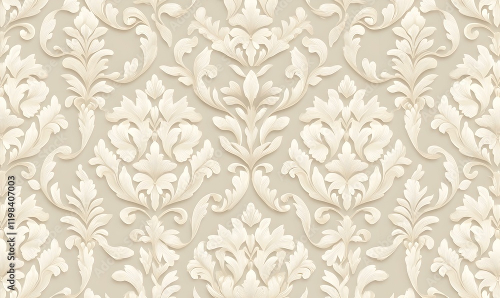 Fototapeta premium Elegant damask pattern, soft off-white backdrop, intricate design, sophisticated textile, classic decor element, refined aesthetic appeal.