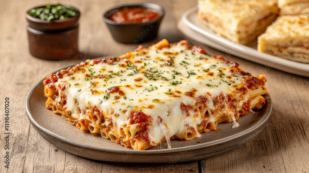 delicious plate of baked ziti topped with melted cheese and marinara sauce delicious plate of baked ziti topped with melted cheese and marinara sauce