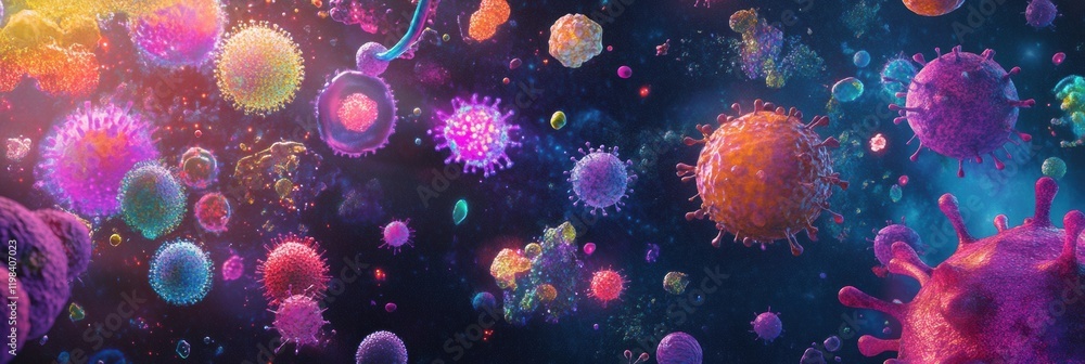 Fototapeta premium Vibrant display of diverse bacteria and microbes in a colorful environment illustrating microscopic life. Generative AI