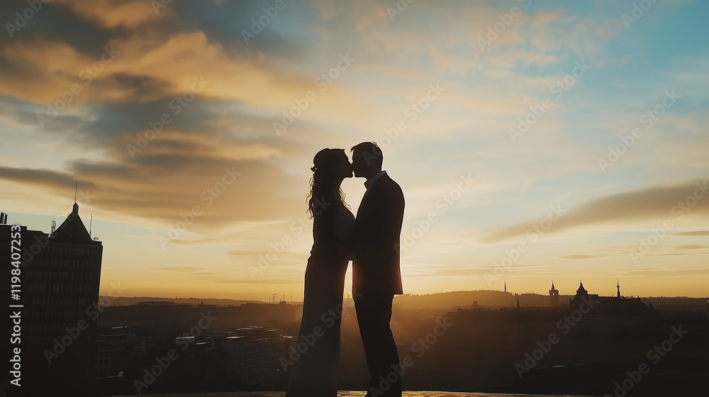 Silhouette of Wedding Couple in Love Kissing and Holding Hands During Sunset with Romantic Evening Sky Background







