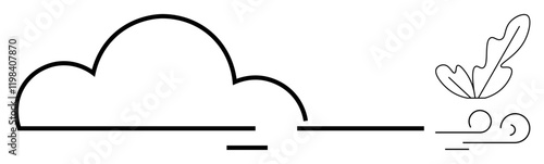 Cloud outlines with a breeze moving a leaf. Ideal for nature themes, simplicity, freshness, tranquility, abstract art, minimalism, environmental topics. Clean and abstract line flat metaphor
