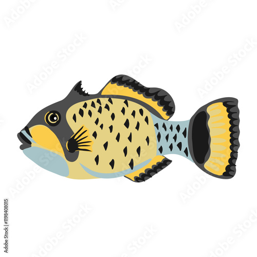 vector drawing tropical fish, titan triggerfish, Balistoides viridescens isolated at white background, hand drawn illustration
