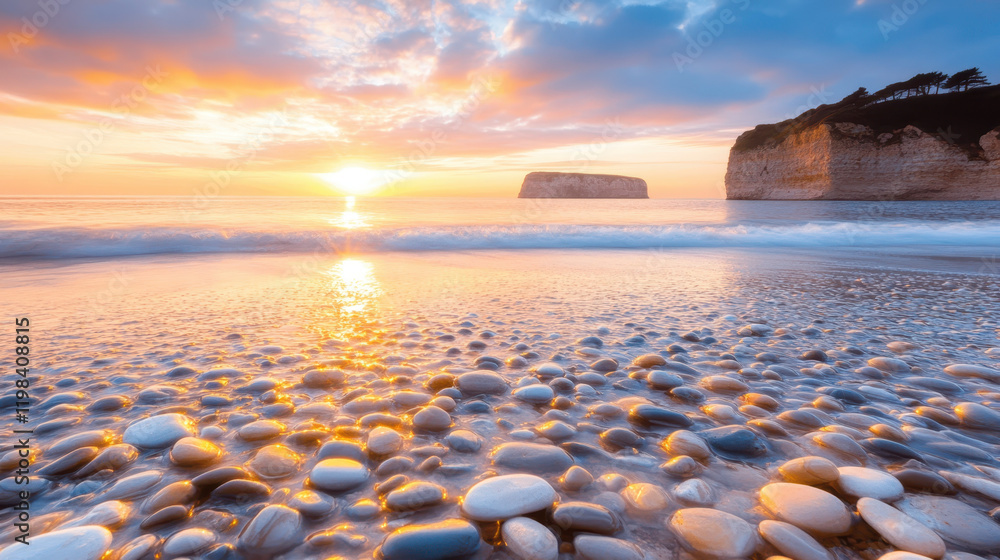 Obraz premium tranquil beach at sunrise with soft waves and pebbles