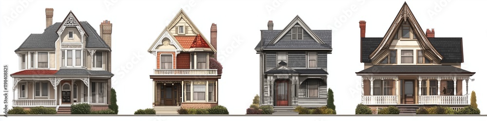 A collection of four distinct Victorian-style Queen Anne house style icons, showcasing various architectural features and colors. Each house has unique roof designs, porches, and decorative elements. A collection of four distinct Victorian-style Queen Anne house style icons, showcasing various architectural features and colors. Each house has unique roof designs, porches, and decorative elements.