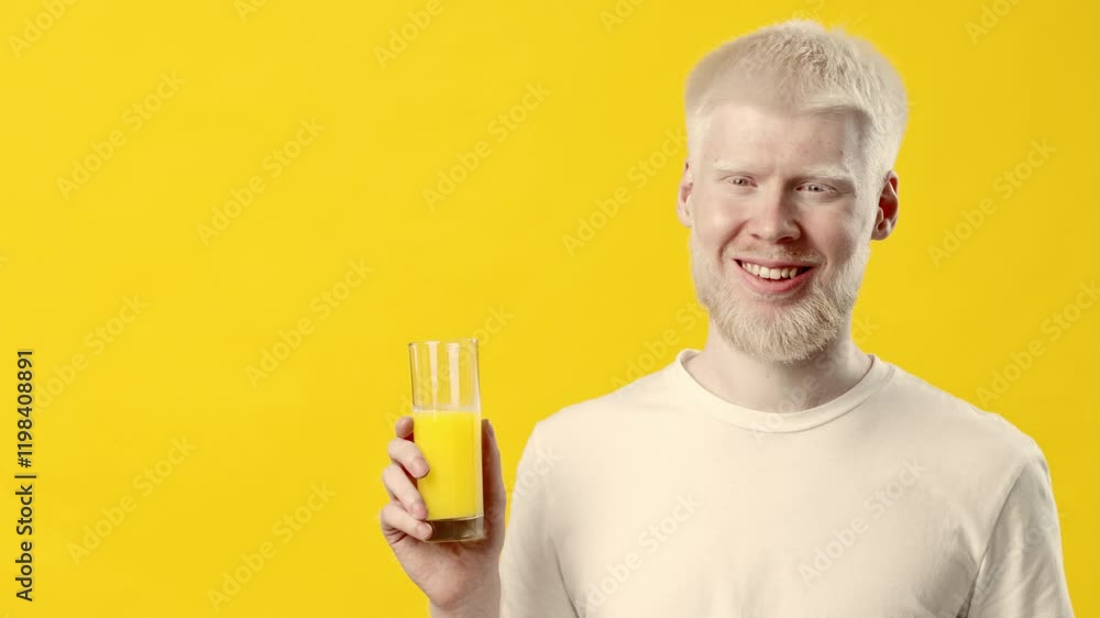 A young man with white skin and hair is smiling as he holds a glass of orange juice. The vibrant yellow background enhances the cheerful atmosphere, creating a lively mood, copy space A young man with white skin and hair is smiling as he holds a glass of orange juice. The vibrant yellow background enhances the cheerful atmosphere, creating a lively mood, copy space