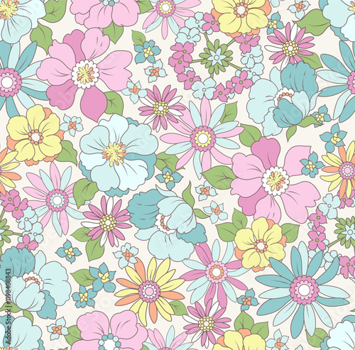 Beautiful floral pattern in abstract flowers. Seamless colorful flowers background. Vector seamless pattern. Design for fashion textiles, fabric, print, graphics, backgrounds and crafts.