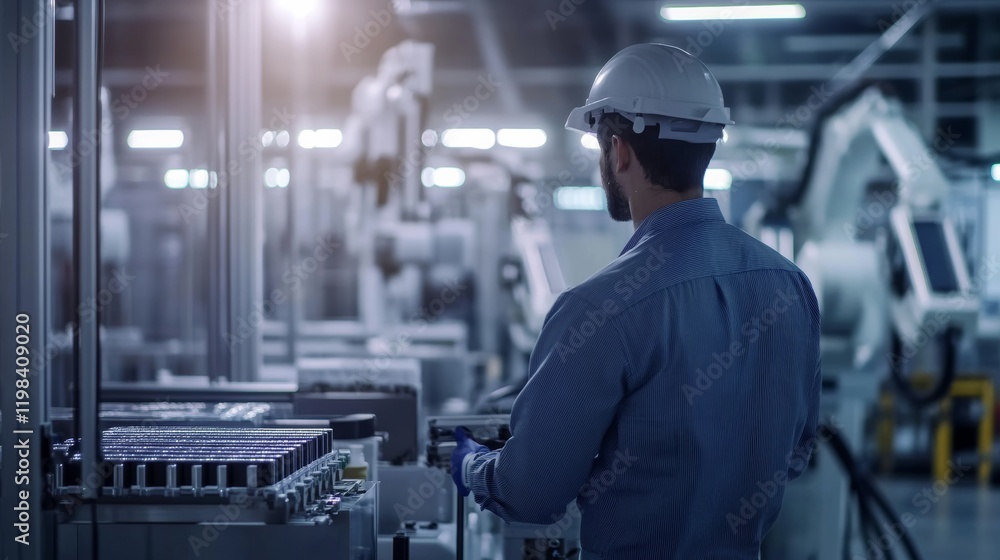 A manufacturing engineer overseeing the production of electric vehicle batteries in a cleanroom facility, with battery cells and assembly robots visible, Battery production cleanroom scene A manufacturing engineer overseeing the production of electric vehicle batteries in a cleanroom facility, with battery cells and assembly robots visible, Battery production cleanroom scene