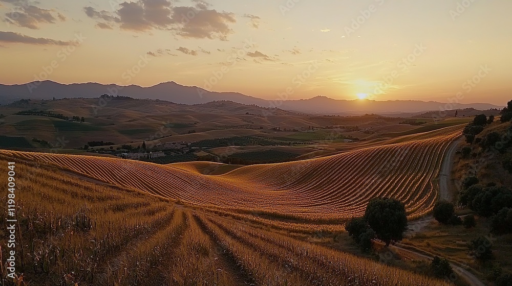 Obraz premium Sunset over Rolling Hills and Fields