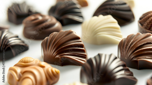 Assorted gourmet chocolates on a white background