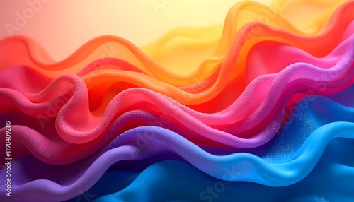 A vivid, colorful abstract background featuring wavy layers of textured translucent fabric, creating a dynamic and ethereal effect