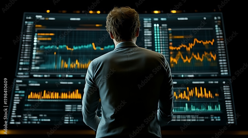 Man analyzing financial data on large screens. Man analyzing financial data on large screens.