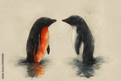 Two penguins facing each other in a serene, artistic illustration. photo