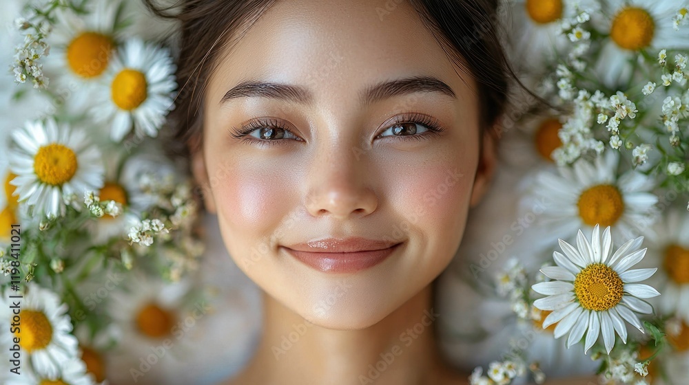 Serene Beauty: A Portrait of Youthful Radiance Amidst Blooming Chamomile Serene Beauty: A Portrait of Youthful Radiance Amidst Blooming Chamomile