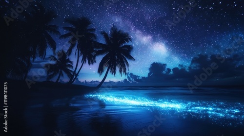 Tropical beach at night, bioluminescence, starry sky, palm trees.