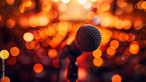 Microphone on stage with blurred audience in the background photo