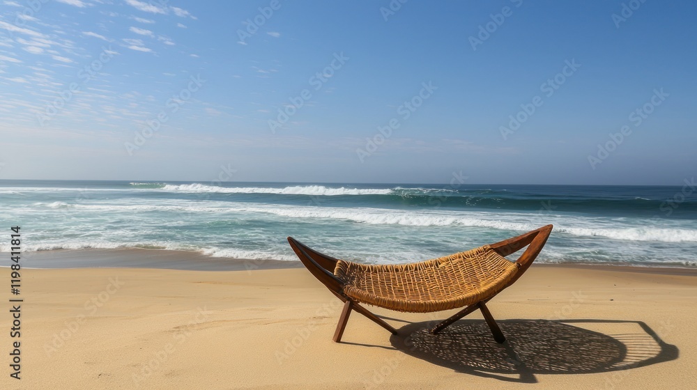 Relaxing woven chair on sandy beach near ocean waves. Relaxing woven chair on sandy beach near ocean waves.