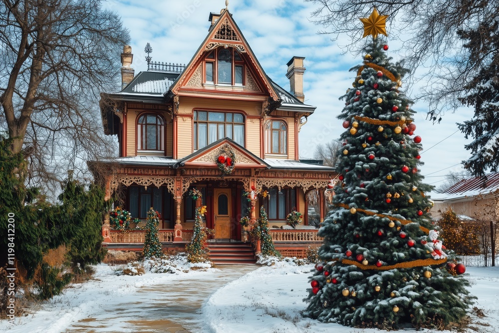 A beautiful Victorian-style Queen Anne house style decorated for Christmas, featuring a large Christmas tree adorned with colorful ornaments in the foreground, surrounded by snow. A beautiful Victorian-style Queen Anne house style decorated for Christmas, featuring a large Christmas tree adorned with colorful ornaments in the foreground, surrounded by snow.