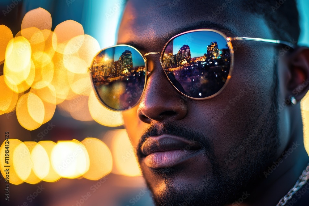 Sophisticated Man with Reflections in Glasses at Night Sophisticated Man with Reflections in Glasses at Night