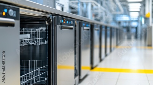 Food safety sanitation health concept. Industrial dishwasher cleaning utensils in a commercial kitchen with stainless steel equipment and automation