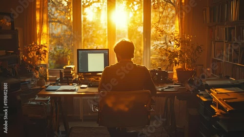 A person of unspecified ethnicity working at a desk during sunset, surrounded by plants and books. photo