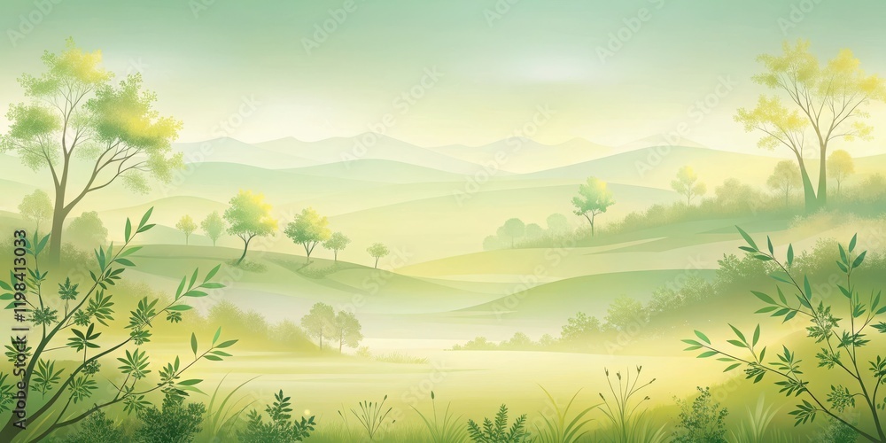 Obraz premium Serene Sunrise Over Rolling Hills and Lush Green Meadows, a Peaceful Pastoral Landscape Painting in Soft Pastel Shades