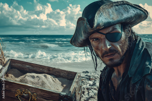 Enigmatic Pirate and Hidden Treasure: A Tale of Adventure and Mystery on a Sandy Beach photo