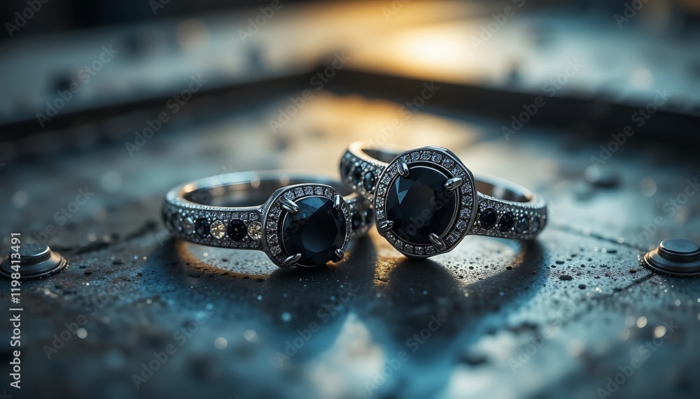 Close-up shot of two elegant black diamond rings with intricate details, resting on a dark metallic surface, illuminated by warm sunset light. Close-up shot of two elegant black diamond rings with intricate details, resting on a dark metallic surface, illuminated by warm sunset light.
