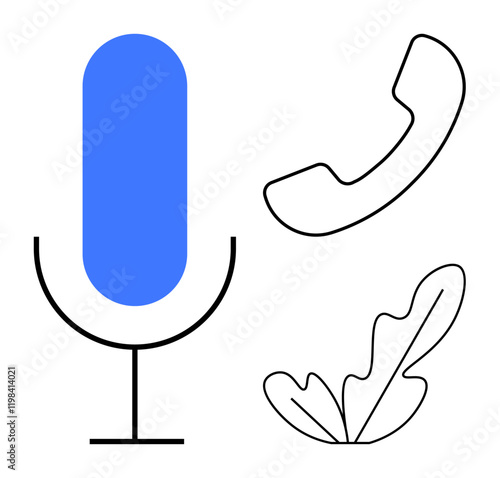 Blue microphone in center, black outlined phone receiver, and leaf design on white backdrop. Ideal for tech icons, communication apps, digital media, podcasts, customer service, mobile devices photo