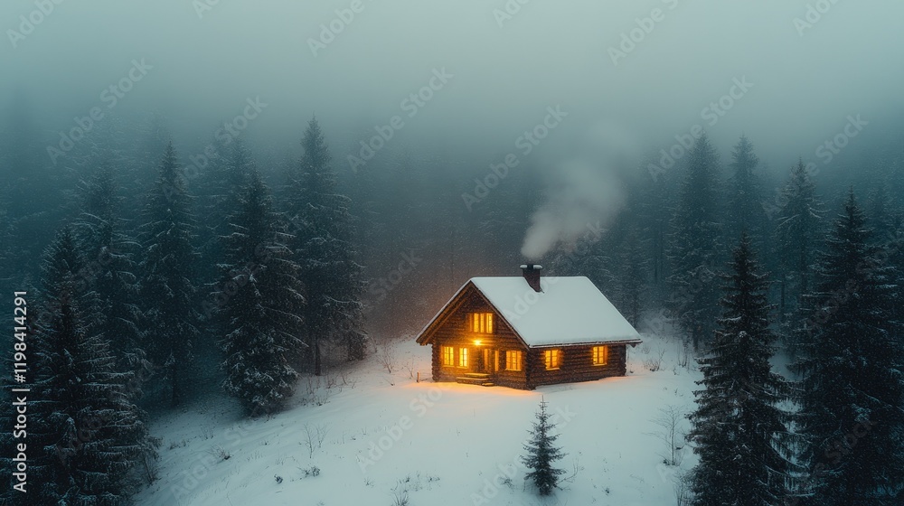 Cozy cabin in the snowy forest at dusk, with warm lights glowing and smoke rising from the chimney Cozy cabin in the snowy forest at dusk, with warm lights glowing and smoke rising from the chimney