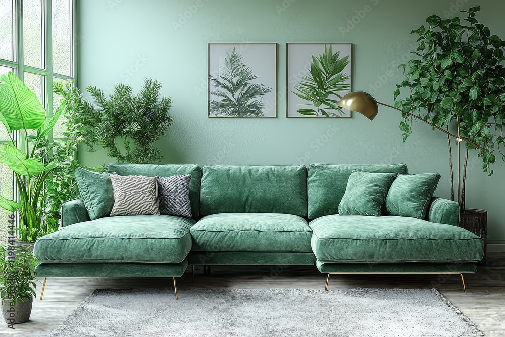 Elegant large sofa with chaise lounge in light olive velvet fabric and gold legs, minimalist modern living room with plants and floor lamp on white background. Elegant large sofa with chaise lounge in light olive velvet fabric and gold legs, minimalist modern living room with plants and floor lamp on white background.