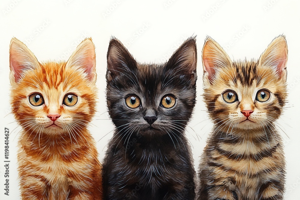Three adorable kittens featuring distinct fur patterns and colors. Three adorable kittens featuring distinct fur patterns and colors.