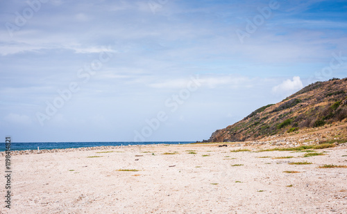 Virgin Gorda, BVI - March 22, 2018: Private beach at Oil Nut Bay, the exclusive Caribbean luxury resort.
