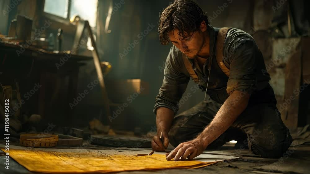 A young European man working intently on a blueprint in a rustic workshop filled with tools and sunlight. A young European man working intently on a blueprint in a rustic workshop filled with tools and sunlight.