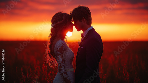 Silhouette of Wedding Couple in Love Kissing and Holding Hands During Sunset with Romantic Evening Sky Background







