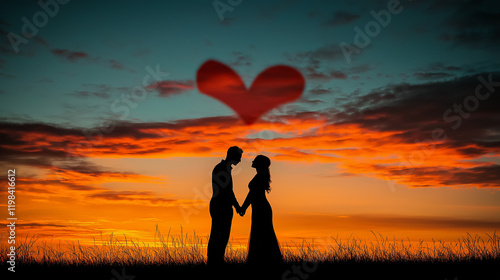 Silhouette of Wedding Couple in Love Kissing and Holding Hands During Sunset with Romantic Evening Sky Background







