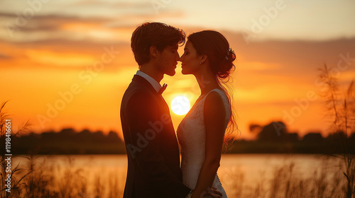 Silhouette of Wedding Couple in Love Kissing and Holding Hands During Sunset with Romantic Evening Sky Background







