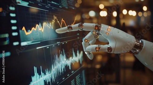 a robotic arm interacting with a holographic stock chart. photo