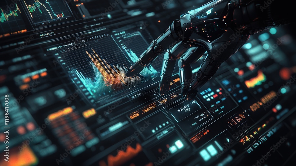 a robotic arm interacting with a holographic stock chart. a robotic arm interacting with a holographic stock chart.