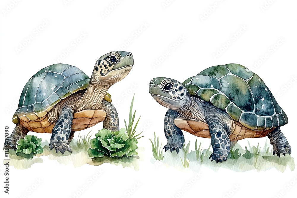 Obraz premium Two illustrated turtles surrounded by grass and plants.