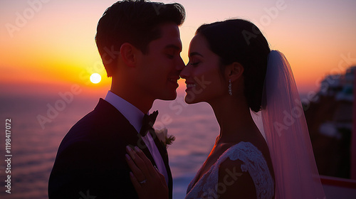 Silhouette of Wedding Couple in Love Kissing and Holding Hands During Sunset with Romantic Evening Sky Background







