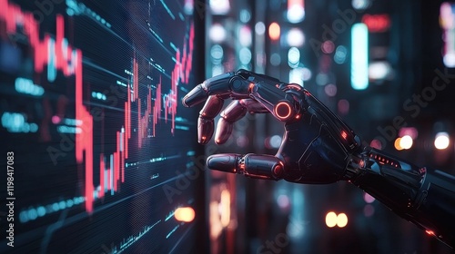 a robotic arm interacting with a holographic stock chart. photo